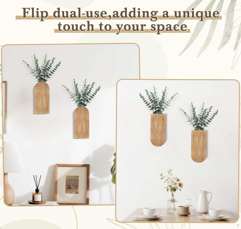 Dahey Wood Wall Planter Vase with Artificial Eucalyptus, 2 Pack Hanging Planter for Indoor Fake Plants Modern Boho Farmhouse Wall Art Decor for Bathroom Bedroom Kitchen Office Home Decoration, Natural - Image 4