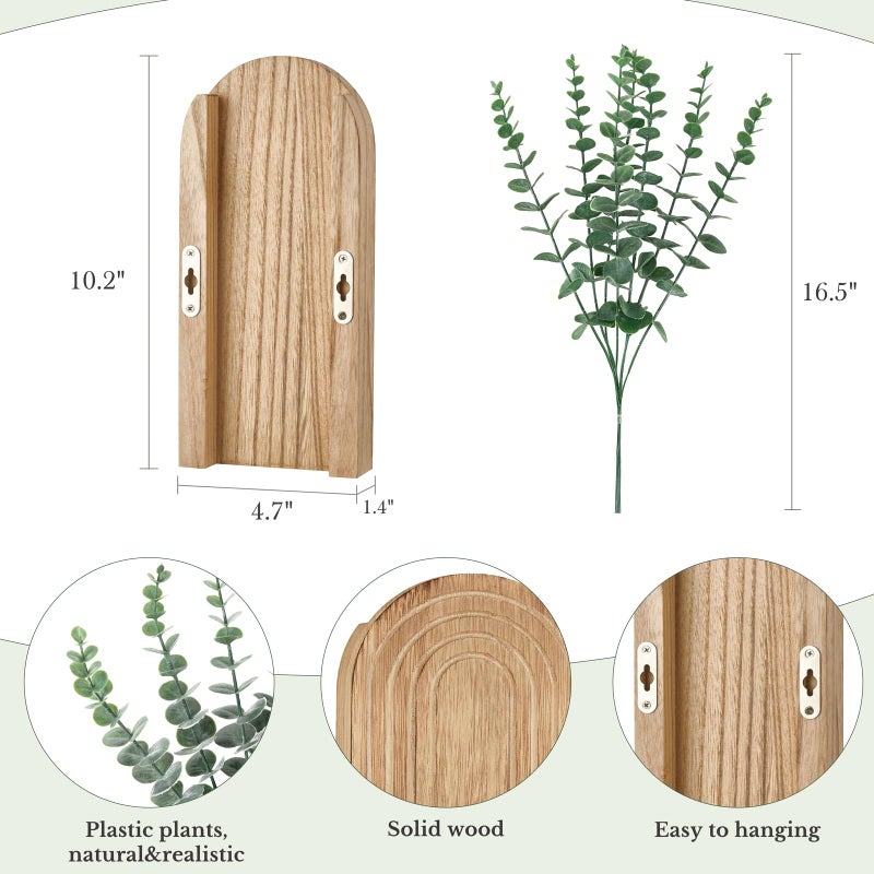 Dahey Wood Wall Planter Vase with Artificial Eucalyptus, 2 Pack Hanging Planter for Indoor Fake Plants Modern Boho Farmhouse Wall Art Decor for Bathroom Bedroom Kitchen Office Home Decoration, Natural - Image 5