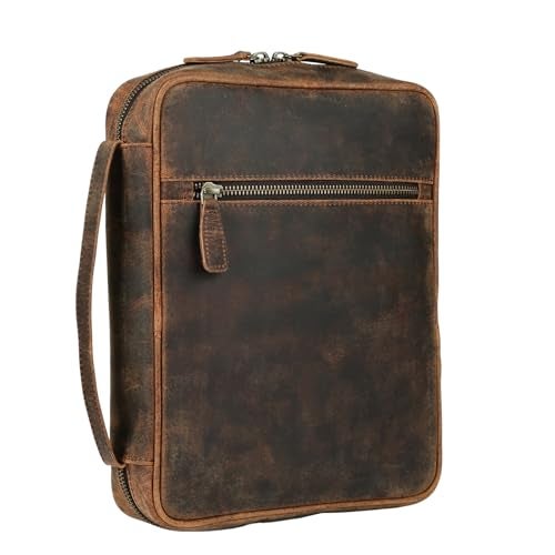 KomalC Leather Bible Cover for Men & Women – Zippered Bible Case with Handle, Note & Pen Organizer – Fits Large Study Bible – 11.5x8.5 Inch (Hunter) - Image 1