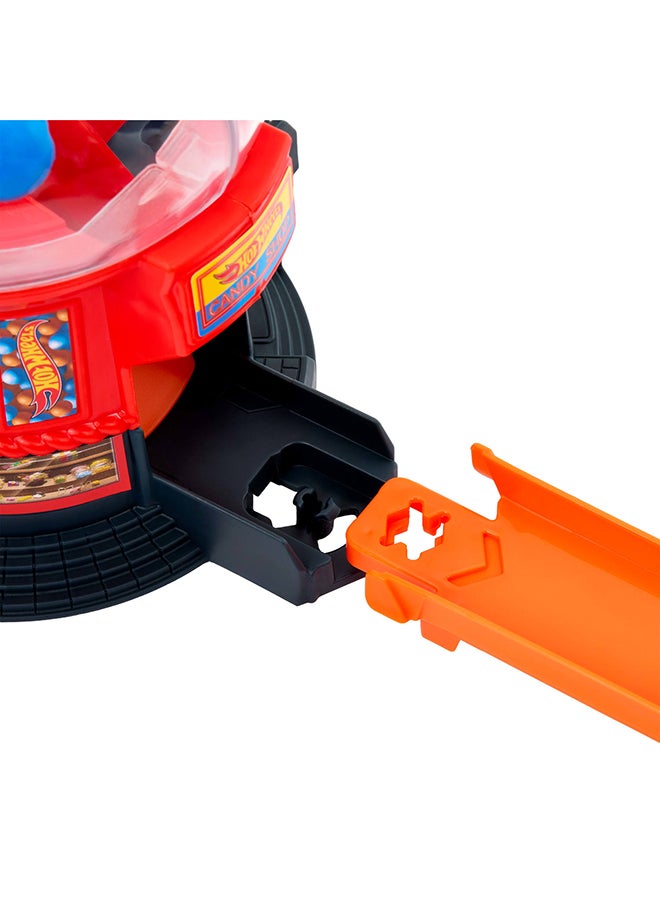 Hot Wheels Toy Car Track Set, Gumball Machine Playset with 1:64 Scale Die-Cast Donut-Shaped Vehicle & Speed Snap Track, Downtown City Candy Shop - Image 5