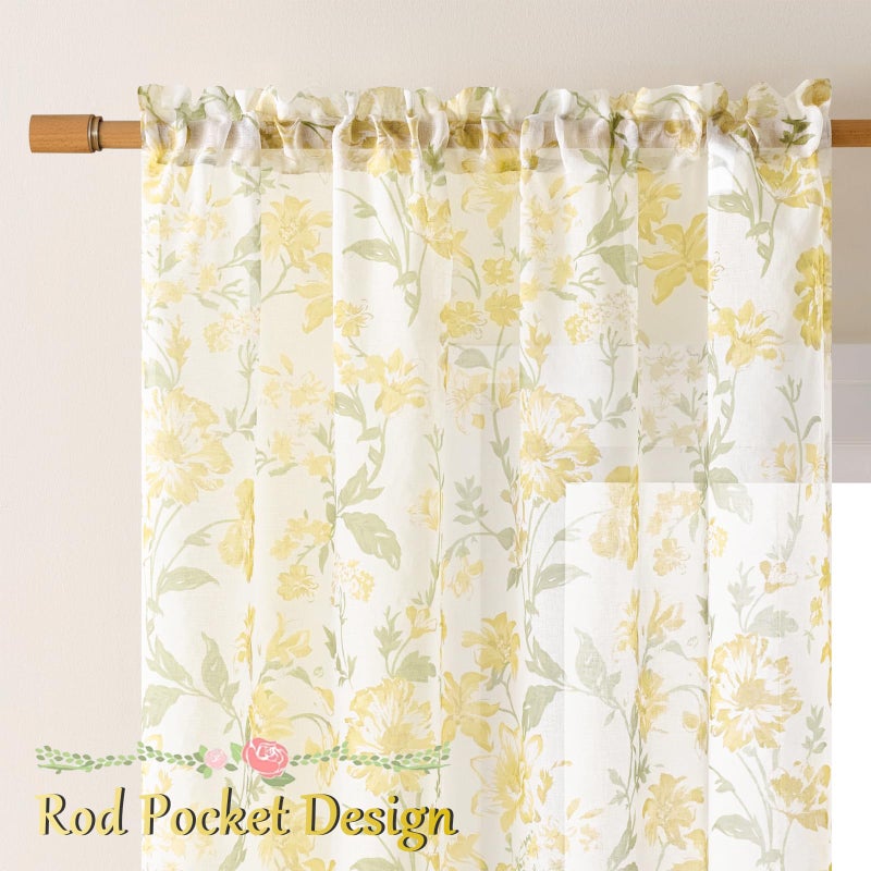 FOLKSIDE Floral Sheer Curtains 84 Inches Long 2 Panels for Living Room Country Rustic Flower Printed Curtains for Bedroom Rod Pocket Light Filtering Summer Botanical Window Drapes Privacy Decor, 52x84 Yellow - Image 3