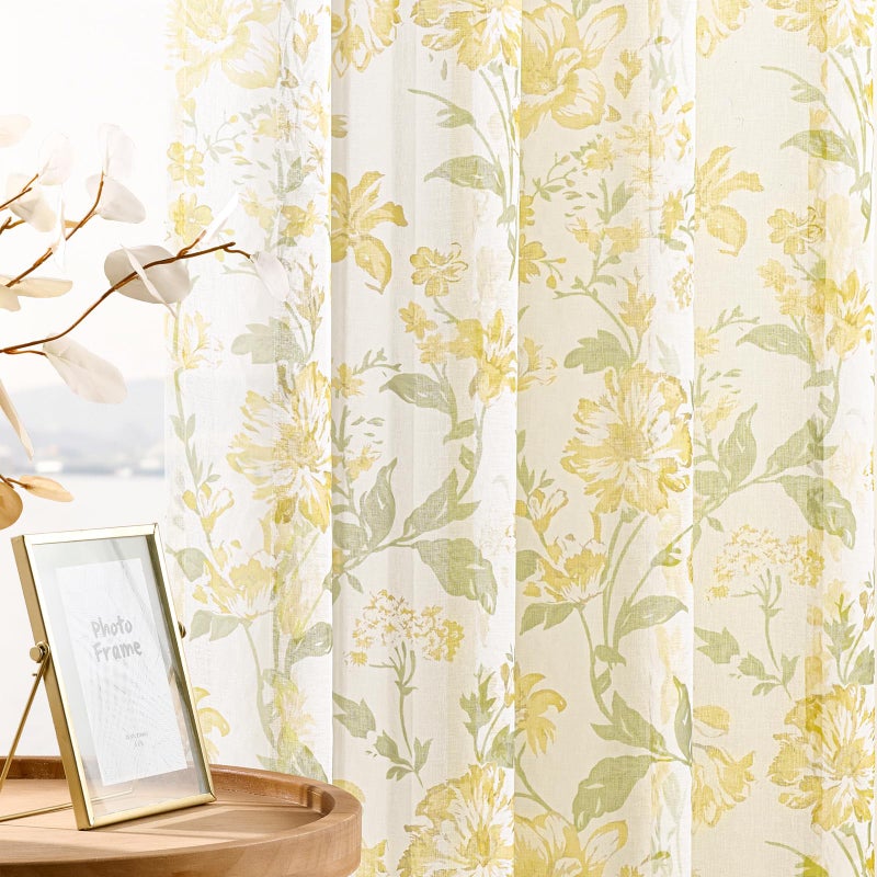 FOLKSIDE Floral Sheer Curtains 84 Inches Long 2 Panels for Living Room Country Rustic Flower Printed Curtains for Bedroom Rod Pocket Light Filtering Summer Botanical Window Drapes Privacy Decor, 52x84 Yellow - Image 4