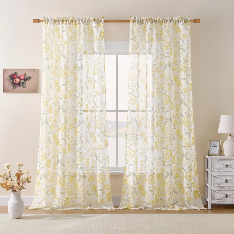 FOLKSIDE Floral Sheer Curtains 84 Inches Long 2 Panels for Living Room Country Rustic Flower Printed Curtains for Bedroom Rod Pocket Light Filtering Summer Botanical Window Drapes Privacy Decor, 52x84 Yellow - Image 2