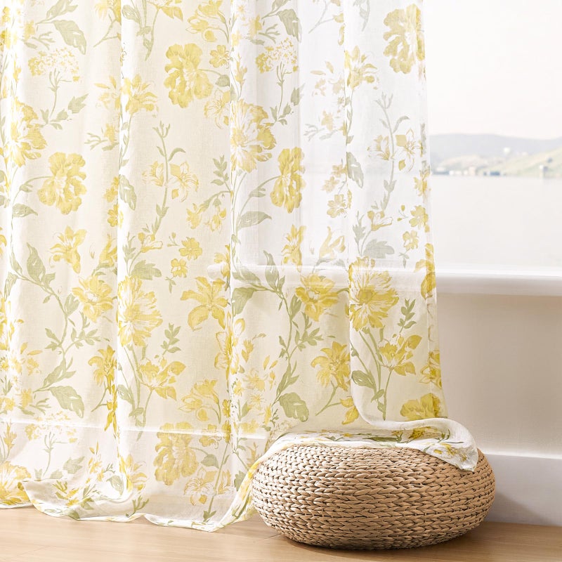 FOLKSIDE Floral Sheer Curtains 84 Inches Long 2 Panels for Living Room Country Rustic Flower Printed Curtains for Bedroom Rod Pocket Light Filtering Summer Botanical Window Drapes Privacy Decor, 52x84 Yellow - Image 5