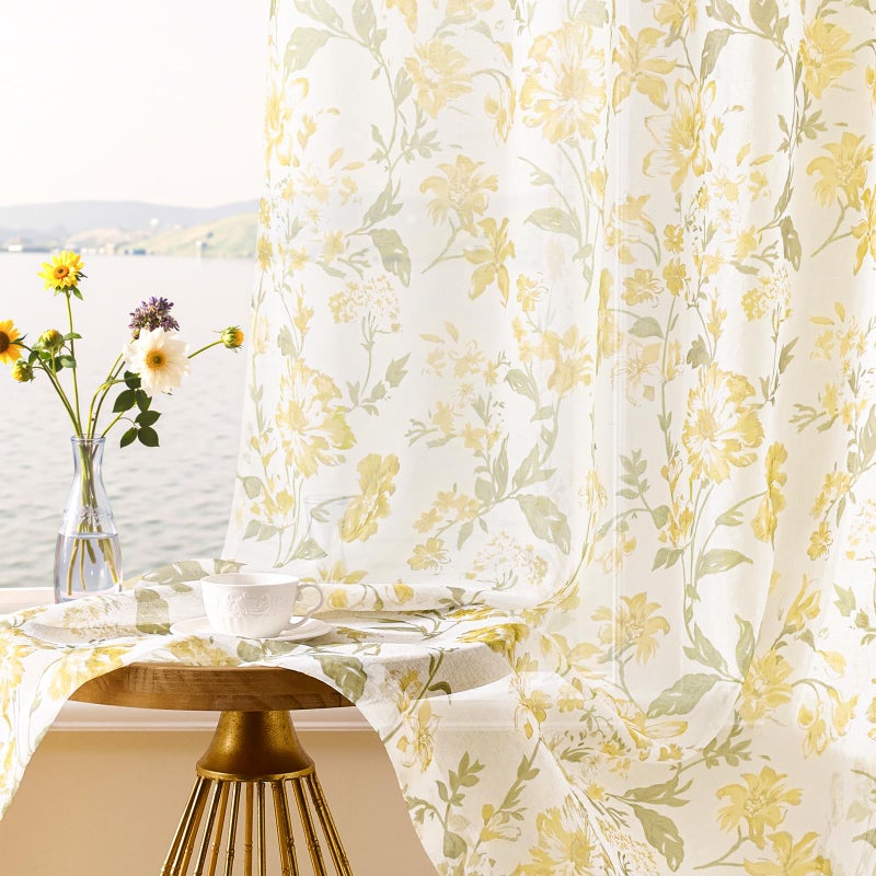 FOLKSIDE Floral Sheer Curtains 84 Inches Long 2 Panels for Living Room Country Rustic Flower Printed Curtains for Bedroom Rod Pocket Light Filtering Summer Botanical Window Drapes Privacy Decor, 52x84 Yellow - Image 1