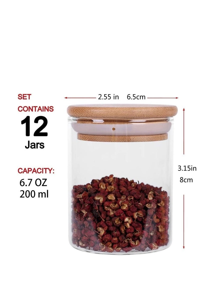 Glass Jars Sets, 12 Pcs Spice Jars with Bamboo Airtight Lids, 6.7OZ Small Food Storage Containers, 200ML Sealed Jars,Tea Jars, Bamboo Lids Jars, Bottles Multi-spec Candy Jars, for Home/Kitchen