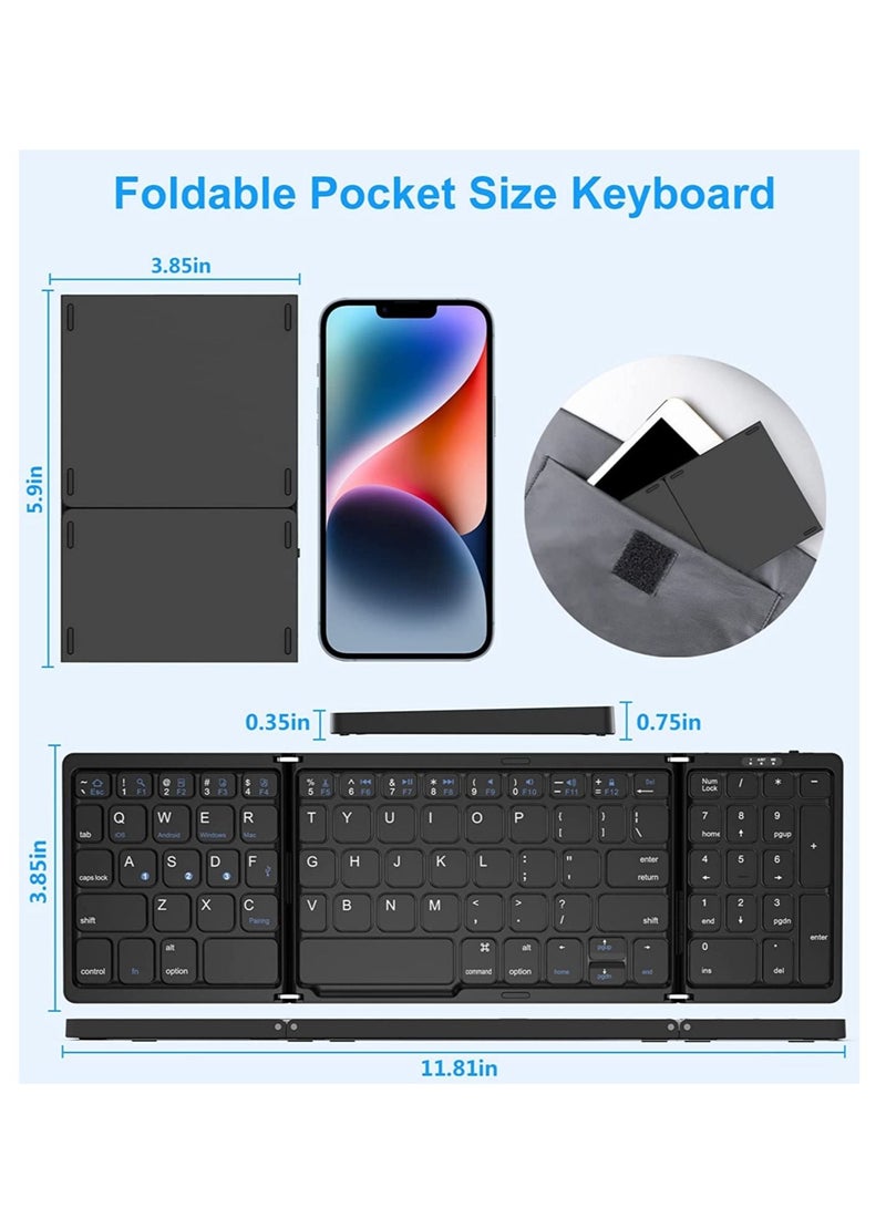 Foldable Bluetooth Keyboard Folding Wireless Portable Keyboard with Numeric Keypad, USB-C Rechargeable for iOS Android Windows System Laptop Tablet Smartphone Device
