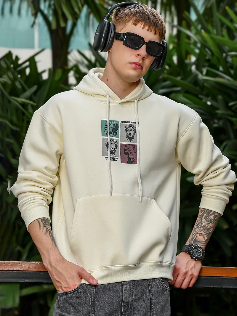مانياك Maniac Mens Printed Full Sleeve Cream Fleece Hood Sweatshirt