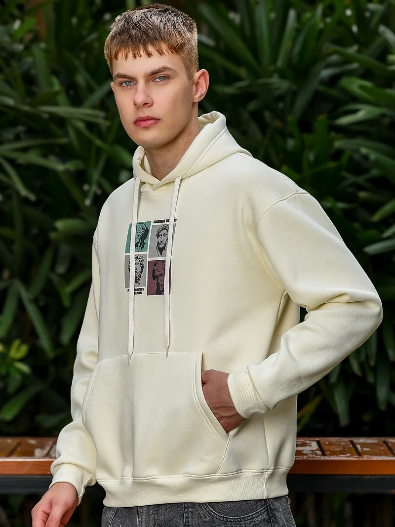 Maniac  Maniac Mens Printed Full Sleeve Cream Fleece Hood Sweatshirt for Men | Best Price UAE