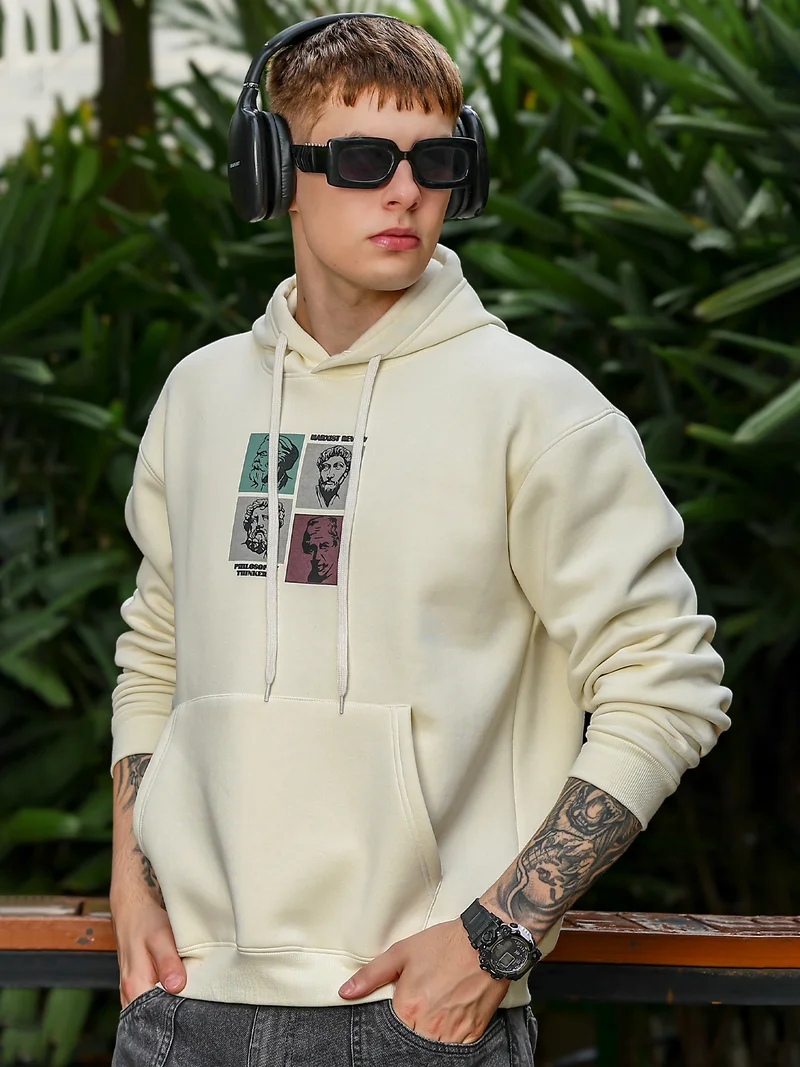 مانياك Maniac Mens Printed Full Sleeve Cream Fleece Hood Sweatshirt
