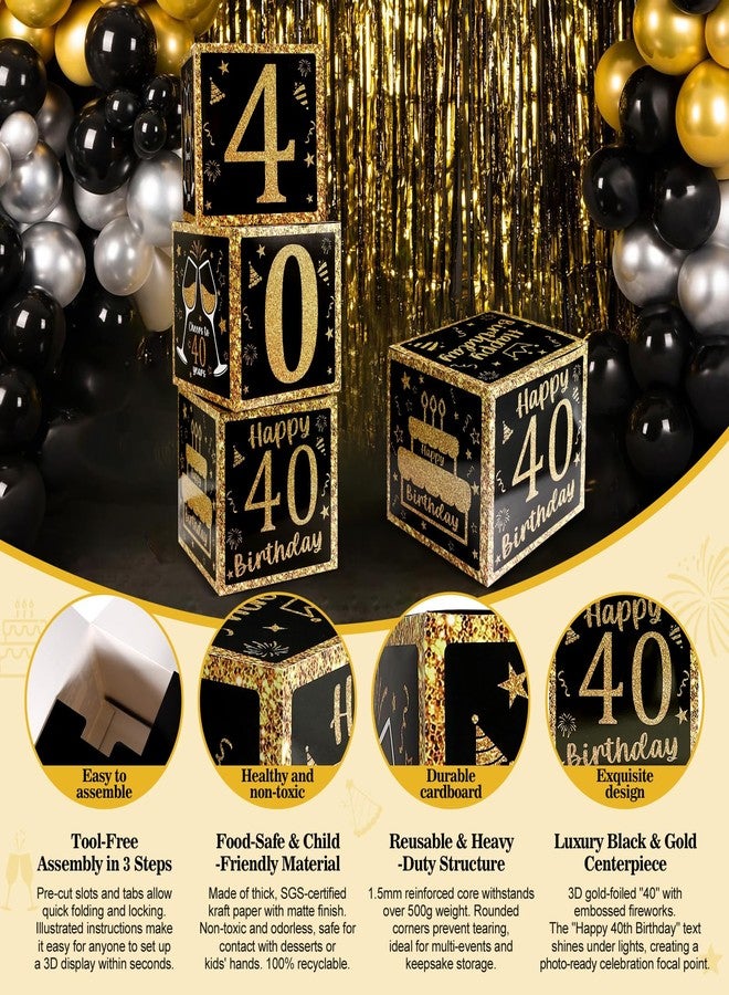 Funsky 40th Birthday Decorations for Men Women,3PCS Black and Gold Happy 40 Year Old Birthday Party Supplies Table Decorations,40th Birthday Balloons Boxes Decor - Image 3