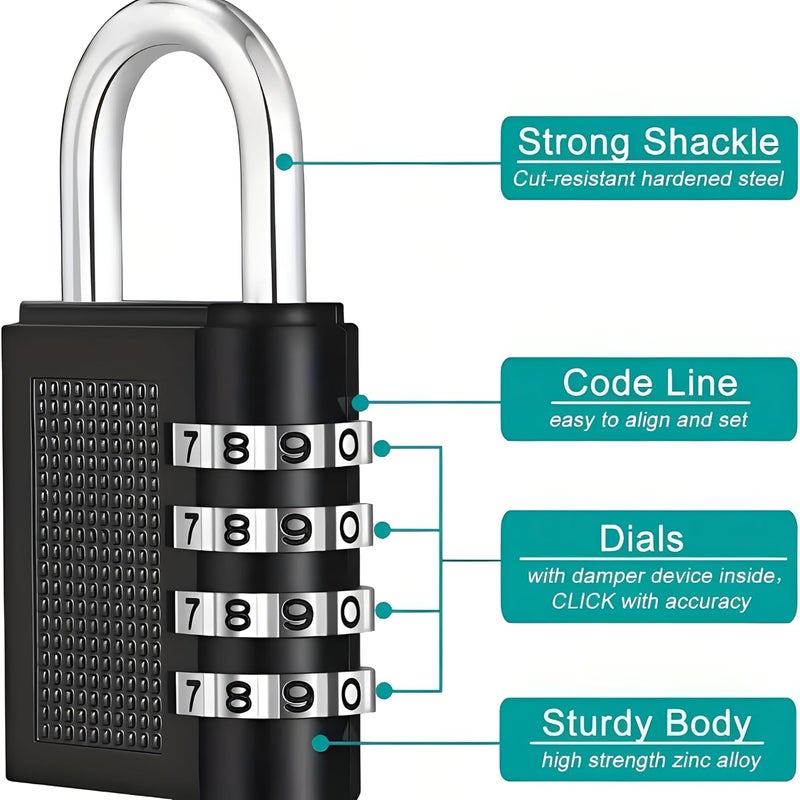 Garth Number Lock Set of 3 – Multicolour 4-Digit Number Combination Anti-Theft Metal Lock for Travel Bag, Luggage, Door, Tool Box, Resettable PIN Number Padlock (Initial Password 0-0-0-0) - Image 2