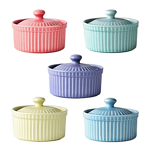 Meltset M Meltset 5.5 Oz Ramekins with Lids Oven Safe Ceramics Ramekin Bowls for Baking, Porcelain Bake Dishes for Souffle, Creme Brulee, Lava Cake, Ice Cream Desserts, Snacks (Set of 5） - Image 1