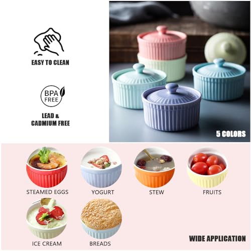 Meltset M Meltset 5.5 Oz Ramekins with Lids Oven Safe Ceramics Ramekin Bowls for Baking, Porcelain Bake Dishes for Souffle, Creme Brulee, Lava Cake, Ice Cream Desserts, Snacks (Set of 5） - Image 4