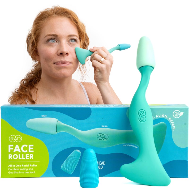 RAD Facial Roller - 2-in-1 Jade Roller & Gua Sha Tool, Silicone Handle, Skin Care, Rolling & Scraping Massage Therapy - Image 1