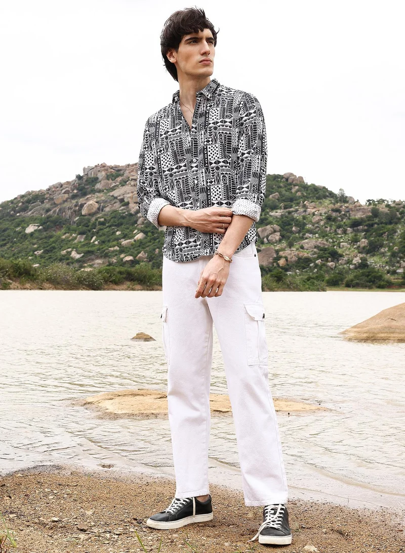 Campus Sutra Abstract Geometric Shirt