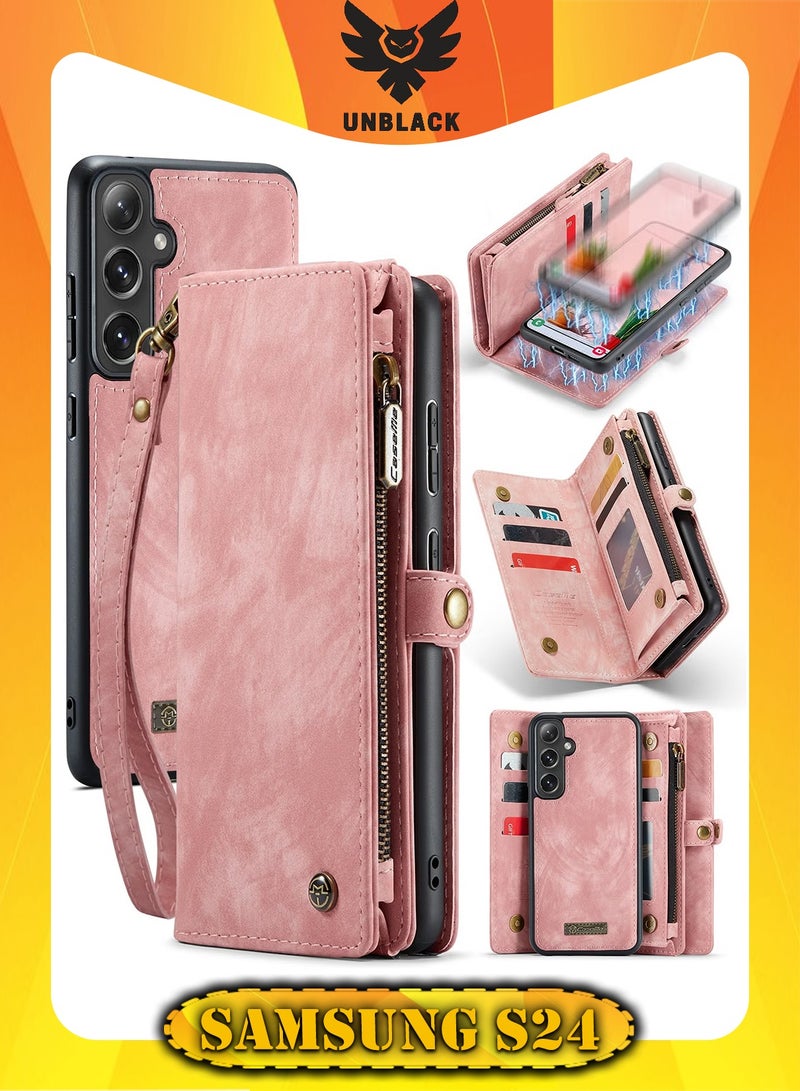 CaseMe Protective Phone Cover Case Wallet Case For Samsung Galaxy S24, 2 in 1 Detachable Premium Leather Magnetic Zipper Pouch Wristlet Flip Phone Case (Pink) - Image 1