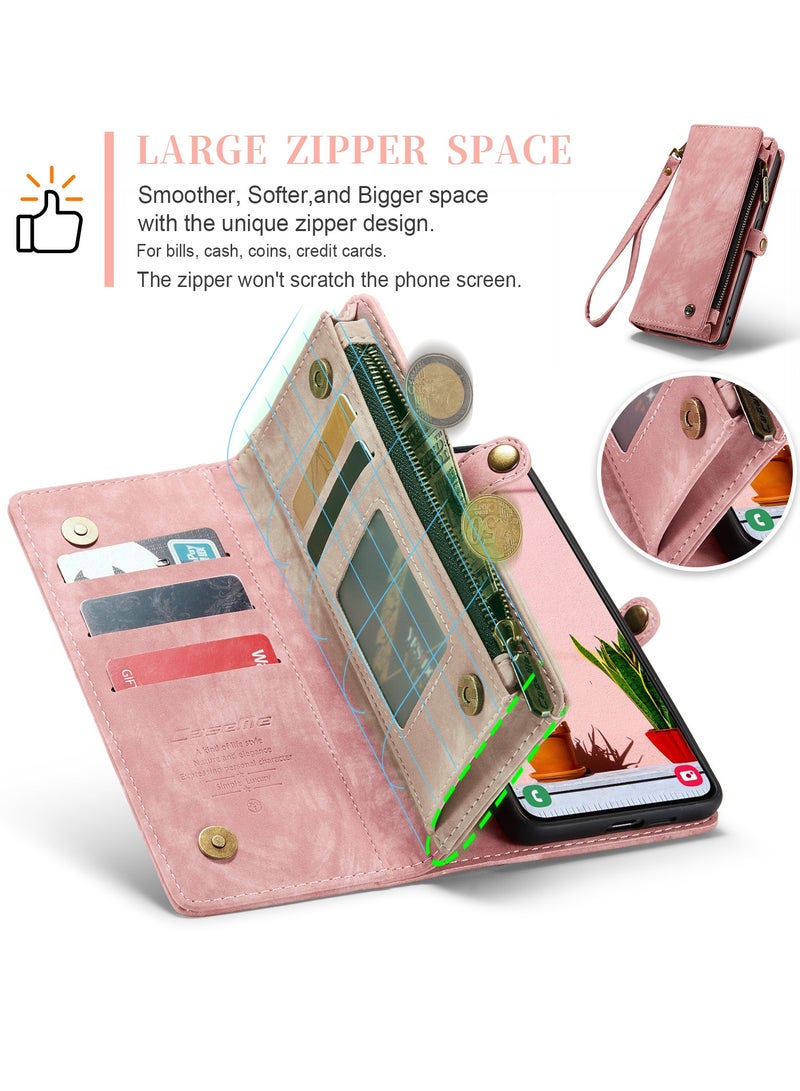 CaseMe Protective Phone Cover Case Wallet Case For Samsung Galaxy S24, 2 in 1 Detachable Premium Leather Magnetic Zipper Pouch Wristlet Flip Phone Case (Pink) - Image 5