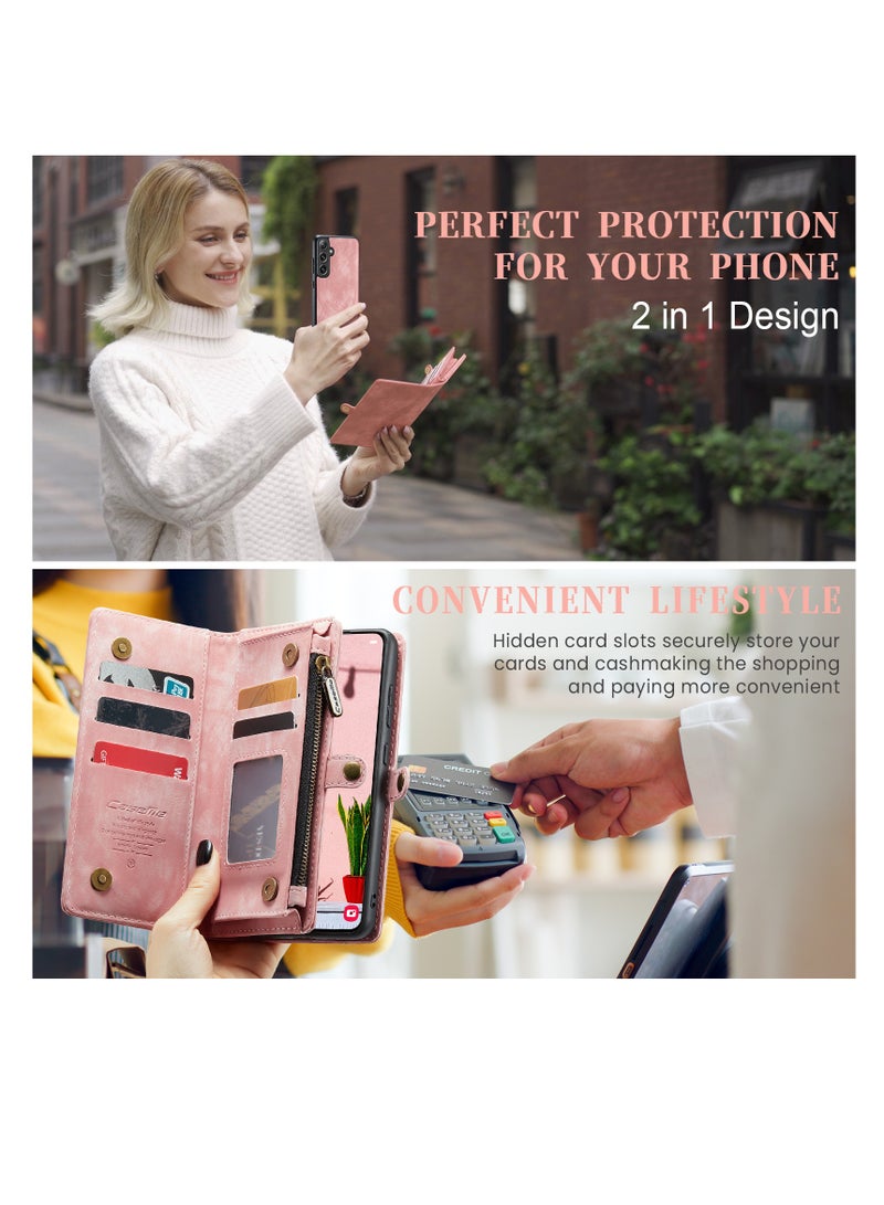 CaseMe Protective Phone Cover Case Wallet Case For Samsung Galaxy S24, 2 in 1 Detachable Premium Leather Magnetic Zipper Pouch Wristlet Flip Phone Case (Pink) - Image 4