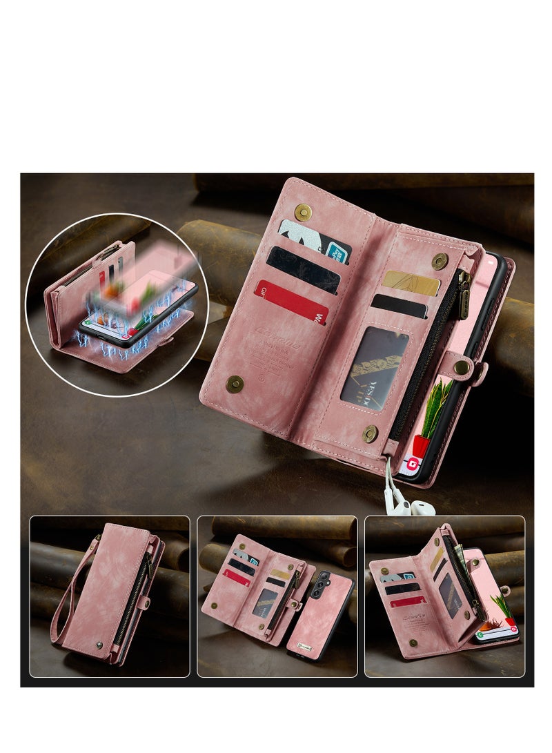 CaseMe Protective Phone Cover Case Wallet Case For Samsung Galaxy S24, 2 in 1 Detachable Premium Leather Magnetic Zipper Pouch Wristlet Flip Phone Case (Pink) - Image 3