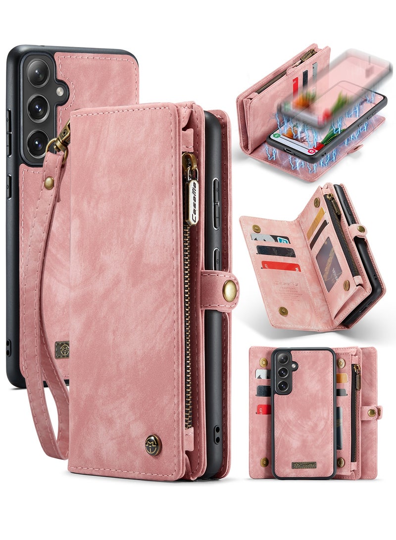 CaseMe Protective Phone Cover Case Wallet Case For Samsung Galaxy S24, 2 in 1 Detachable Premium Leather Magnetic Zipper Pouch Wristlet Flip Phone Case (Pink) - Image 2