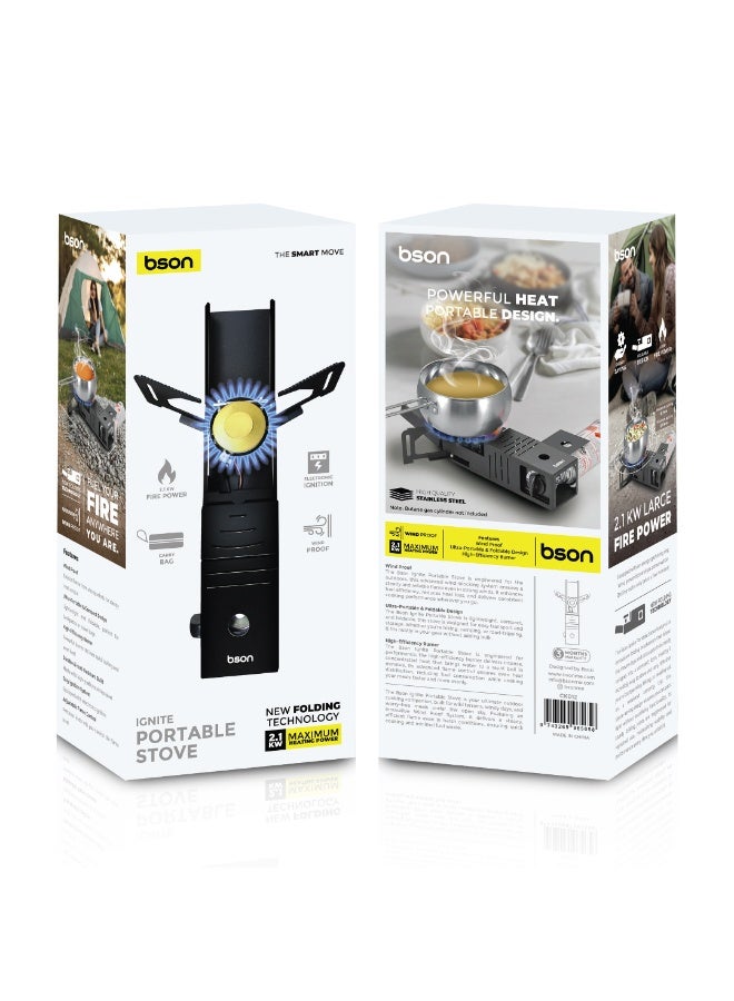 BSON موقد بورتابل إغنايت - 2.1 كيلو واط موقد عالي القوة، موقد غاز خارجي مقاوم للرياح، تصميم قابل للطي من الفولاذ المقاوم للصدأ، إشعال إلكتروني، تحكم في اللهب موفر للطاقة، حقيبة حمل للتخييم، التنزه - Image 2