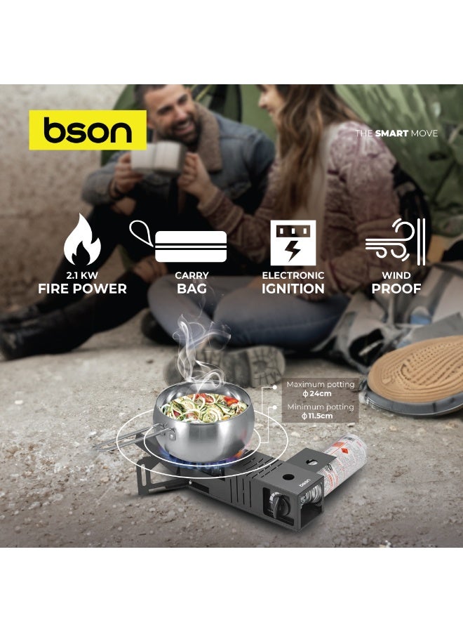 BSON موقد بورتابل إغنايت - 2.1 كيلو واط موقد عالي القوة، موقد غاز خارجي مقاوم للرياح، تصميم قابل للطي من الفولاذ المقاوم للصدأ، إشعال إلكتروني، تحكم في اللهب موفر للطاقة، حقيبة حمل للتخييم، التنزه - Image 5