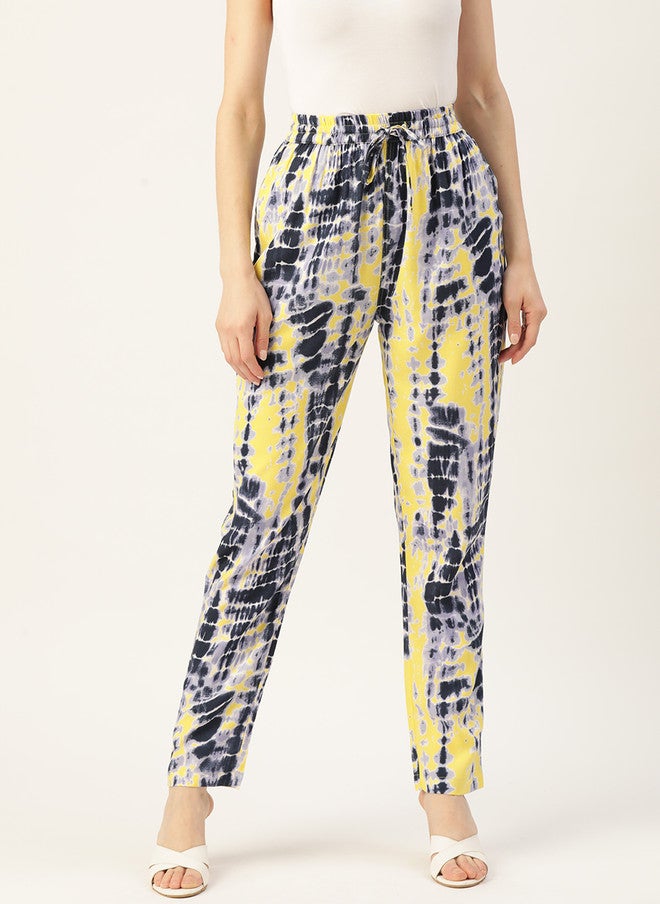 Rue Collection High-Rise Black & Yellow Printed Trousers for Women - Image 1