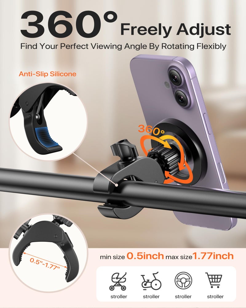 Pipiboo Magnetic Phone Holder Clamp Mount:[24*N55 Magnet & Fit for PopSocket]Rotatable Handlebar Accessories for MagSafe for Stroller,Peloton,Steering Wheel,Push Cart,Treadmill,Fit for iPhone 12-17 Series - Image 2