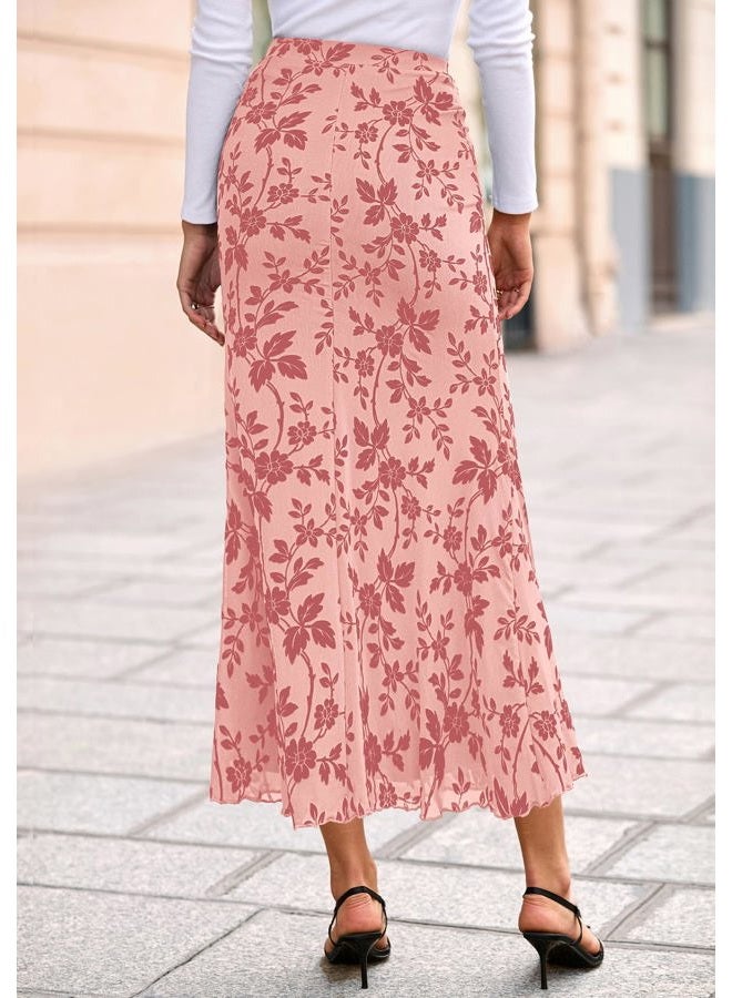 BTFBM Womens Floral Mesh Maxi Skirt Elastic High Waisted Boho Elegant Mermaid 2025 Summer Fall Long Skirts for Women, Pink, XL - Image 3
