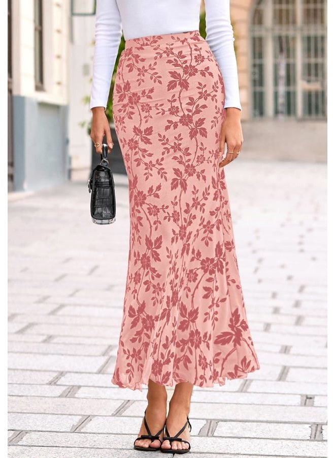 BTFBM Womens Floral Mesh Maxi Skirt Elastic High Waisted Boho Elegant Mermaid 2025 Summer Fall Long Skirts for Women, Pink, XL - Image 4