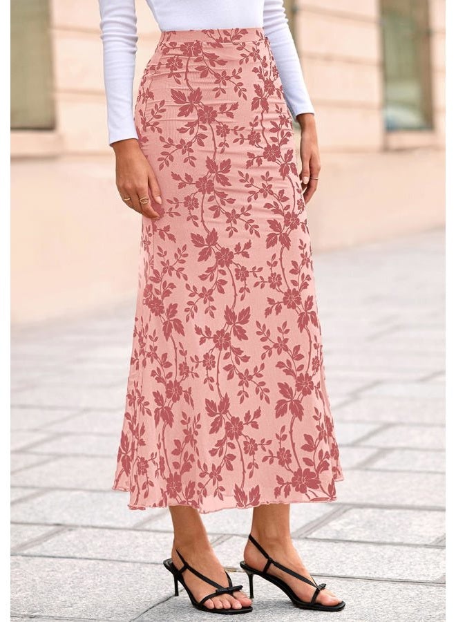 BTFBM Womens Floral Mesh Maxi Skirt Elastic High Waisted Boho Elegant Mermaid 2025 Summer Fall Long Skirts for Women, Pink, XL - Image 5