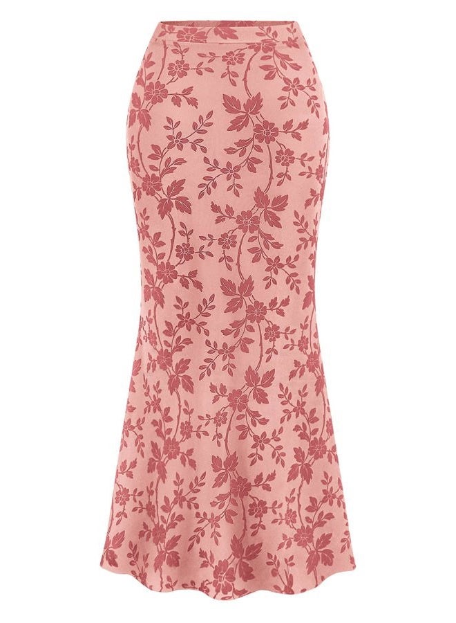 BTFBM Womens Floral Mesh Maxi Skirt Elastic High Waisted Boho Elegant Mermaid 2025 Summer Fall Long Skirts for Women, Pink, XL - Image 1