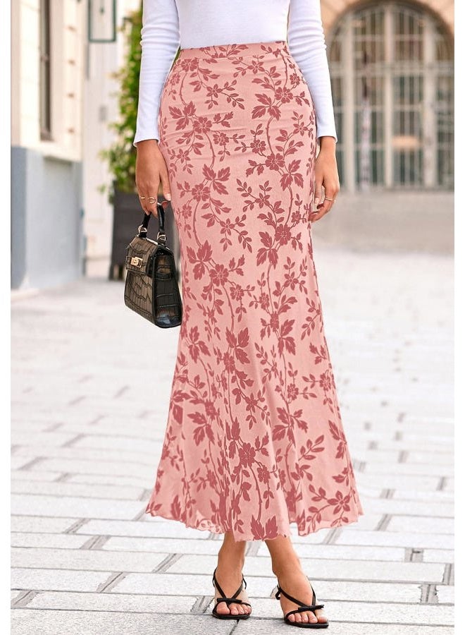 BTFBM Womens Floral Mesh Maxi Skirt Elastic High Waisted Boho Elegant Mermaid 2025 Summer Fall Long Skirts for Women, Pink, XL - Image 2
