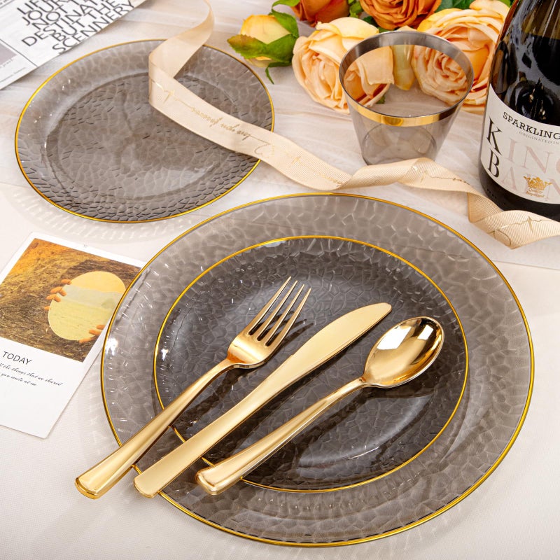 Hioasis 175PCS Black and Gold Plastic Plates - Hammered Disposable Plates Include 25 Dinner Plates  25 Dessert Plates 25 Cups 25 Rolled Napkin Cutlery Perfect for Wedding - Image 2