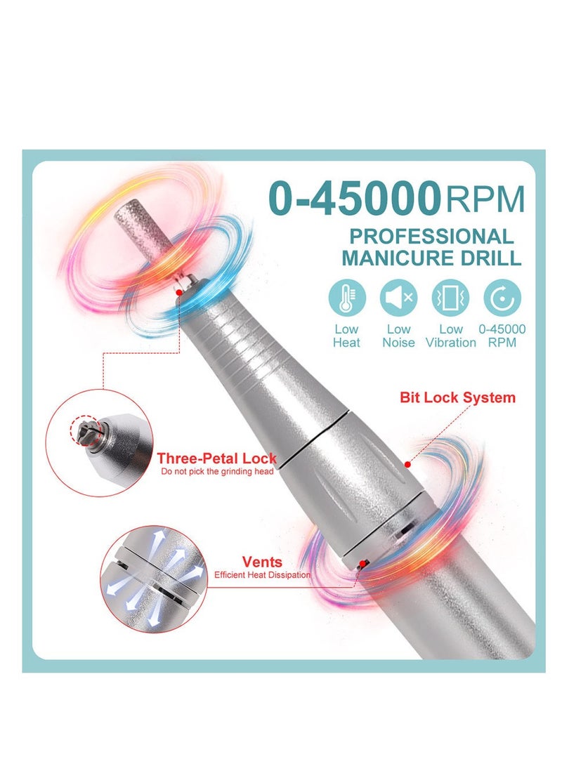 GUDOO Rechargeable 45000RPM Nail Drill Portable Nail Drill Machine Electric Nail E File Manicure Drill Set High Speed Nail Tools for Nail Salon Silver - Image 2