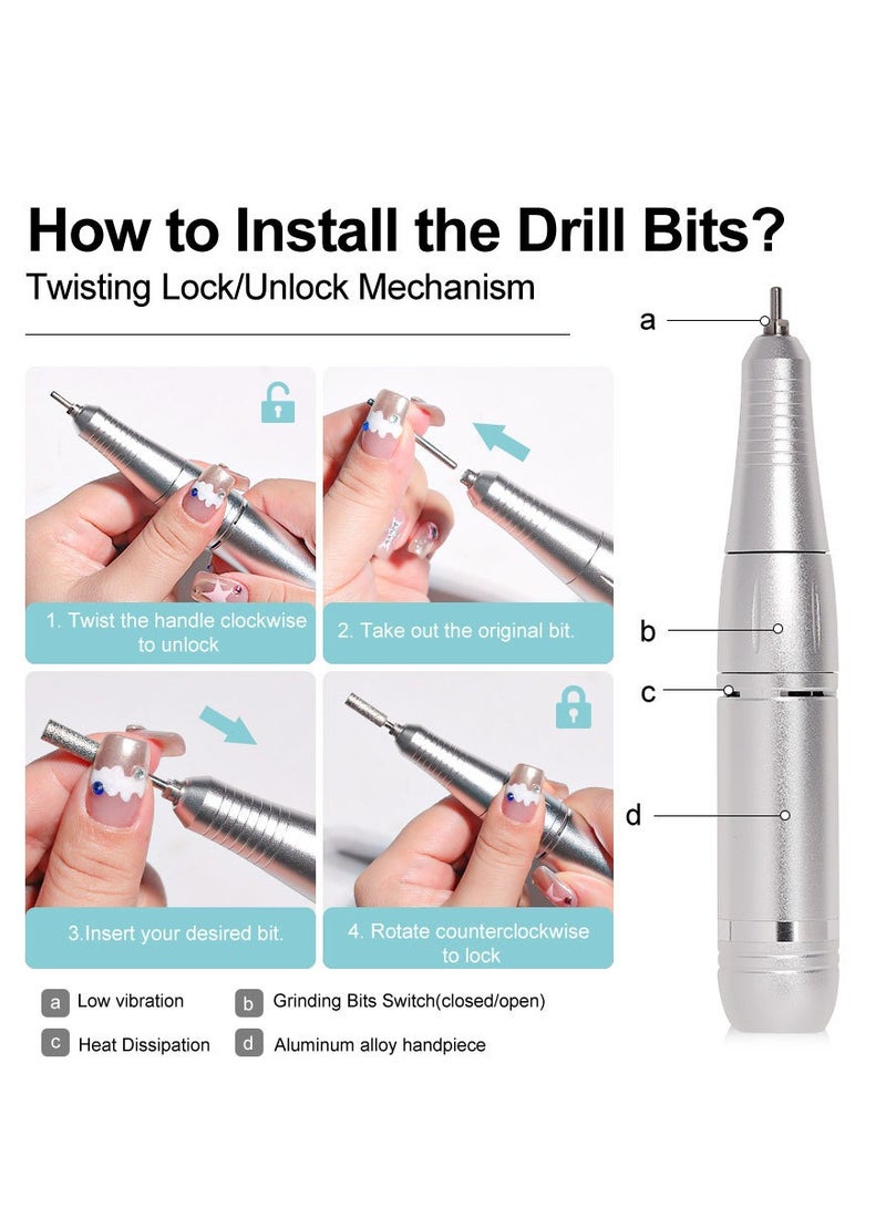 GUDOO Rechargeable 45000RPM Nail Drill Portable Nail Drill Machine Electric Nail E File Manicure Drill Set High Speed Nail Tools for Nail Salon Silver - Image 3