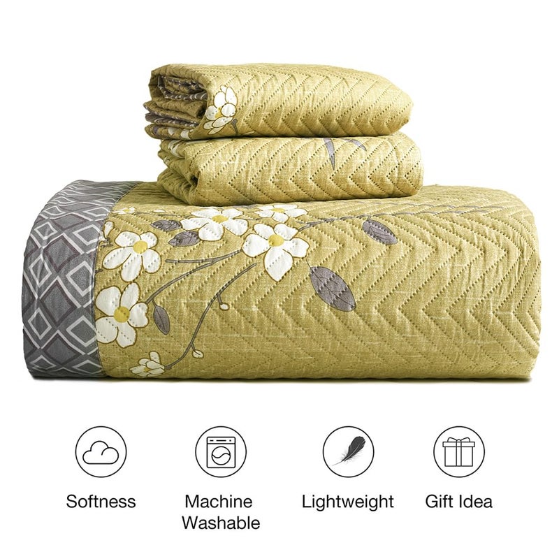 VAS COLLECTIONS VAS COLLECTIONS Ultrasonic Bedcover Bedsheet Quilt Bedspread with 2 King Size Pillow Covers 90 x 100 inches Decorative Bed Cover King Size Green Yellow  - Image 2