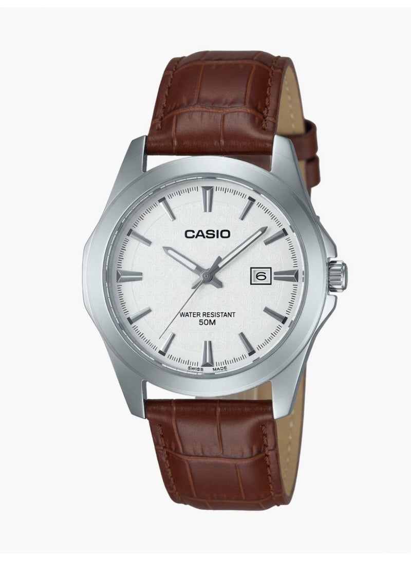 Casio Men's Classic Analog Watch - White Textured Dial, Brown Leather Band, 50M Water Resistant - MTP-V004L-7B2