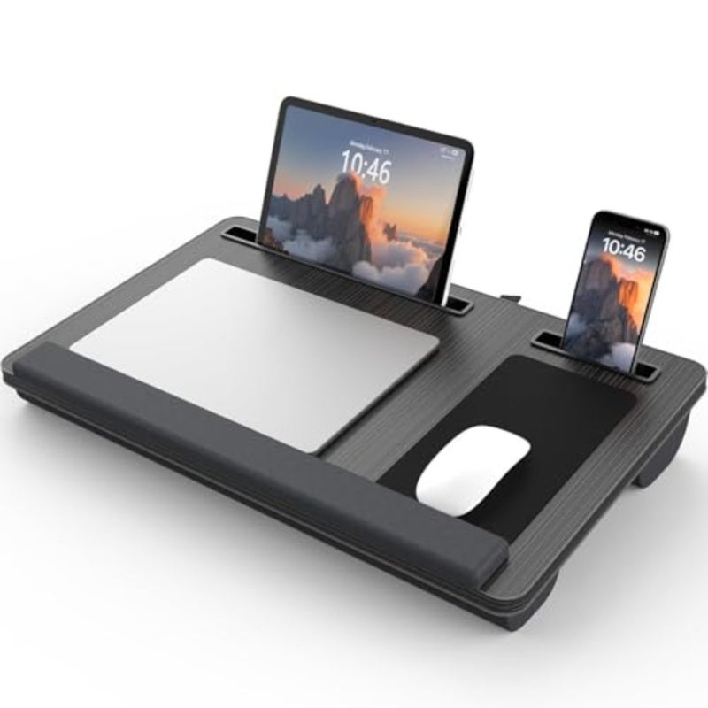 Laptop Table with Wrist Rest, Portable Handle, Fixed Mouse Pad, Tablet and Cell Phone Slots, Bed Laptop Stand with Cushions - Image 1