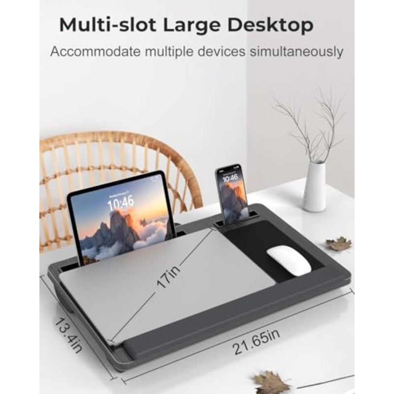 Laptop Table with Wrist Rest, Portable Handle, Fixed Mouse Pad, Tablet and Cell Phone Slots, Bed Laptop Stand with Cushions - Image 2