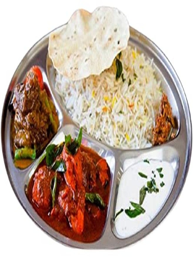 Genx Round Stainless Steel Plate 4 Section Compartment 12 Inch Great For Camping, Lunch And Dinner Divided Indian Dinner Plates, Indian Thali Plateevery Day Use Set Of 2 - Image 2