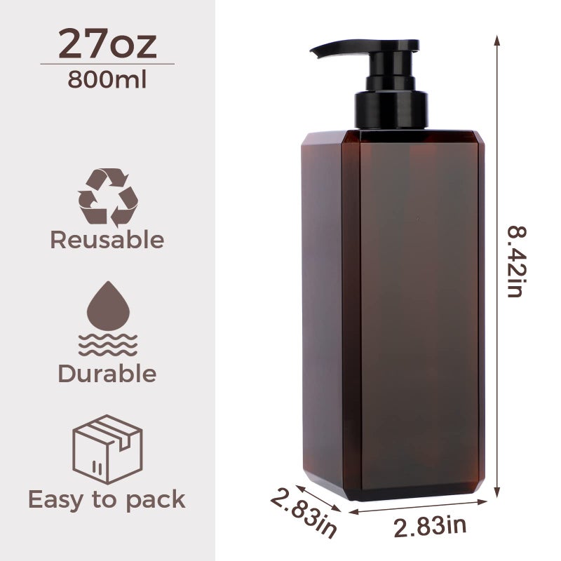 Suream 27oz Bathroom Countertop Soap Dispensers, Plastic Lotion Dispenser, Refillable Cosmetic Pump Dispensers, Square Bathroom Shower Containers for Shampoo, Body Wash, Hand Soap, Oil - Image 4