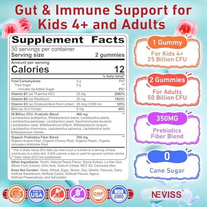 NEVISS Probiotic + Prebiotic Gummies for Adults & Kids 4+, Sugar Free Chewable Probiotic 50Billion CFUs w/Fiber, Vitamin B1 B2 D3 & Zinc, for Digestive & Gut Health, Boost Microflora Diversity, Vegan 120 Cts - Image 2