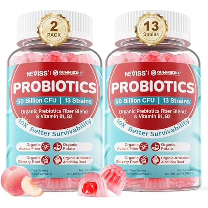 NEVISS Probiotic + Prebiotic Gummies for Adults & Kids 4+, Sugar Free Chewable Probiotic 50Billion CFUs w/Fiber, Vitamin B1 B2 D3 & Zinc, for Digestive & Gut Health, Boost Microflora Diversity, Vegan 120 Cts - Image 1