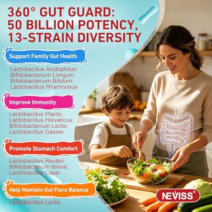 NEVISS Probiotic + Prebiotic Gummies for Adults & Kids 4+, Sugar Free Chewable Probiotic 50Billion CFUs w/Fiber, Vitamin B1 B2 D3 & Zinc, for Digestive & Gut Health, Boost Microflora Diversity, Vegan 120 Cts - Image 4