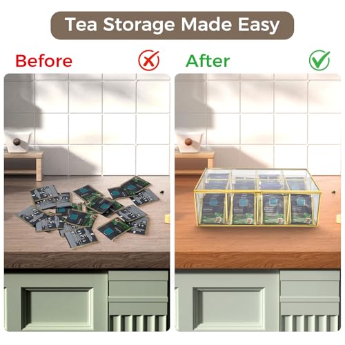 HighFree Gold Glass Tea Bag Organizer, Clear Storage Glass Box with Lid, Counter Top Collection Box for Tea, Surgar & Coffee Bags (8 Compartments) - Image 4