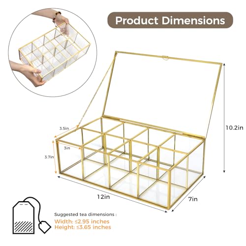 HighFree Gold Glass Tea Bag Organizer, Clear Storage Glass Box with Lid, Counter Top Collection Box for Tea, Surgar & Coffee Bags (8 Compartments) - Image 2