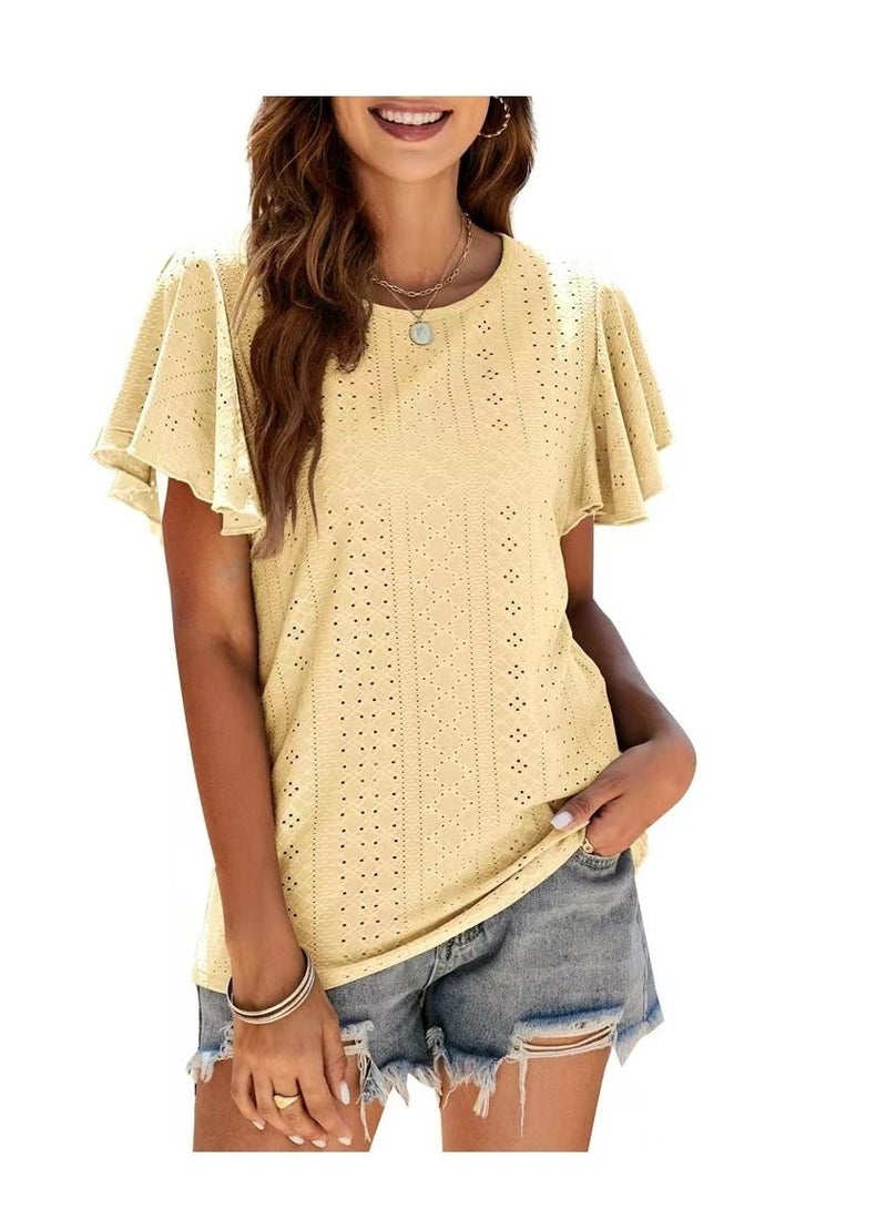 Loquat Women's Summer New Hollowed Out Waist Lotus Sleeve Casual Shirt 