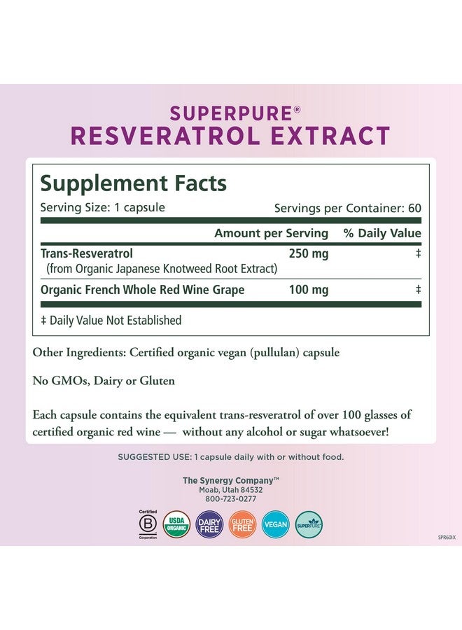 بيور سينرجي مستخلص الريسفيراترول الفائق النقي من PURE SYNERGY | مكمل الريسفيراترول العضوي | مستخلص الريسفيراترول المضاد للأكسدة مع بوليفينول العنب | لشيخوخة صحية وصحة القلب والجلد (60 كبسولة) - Image 2